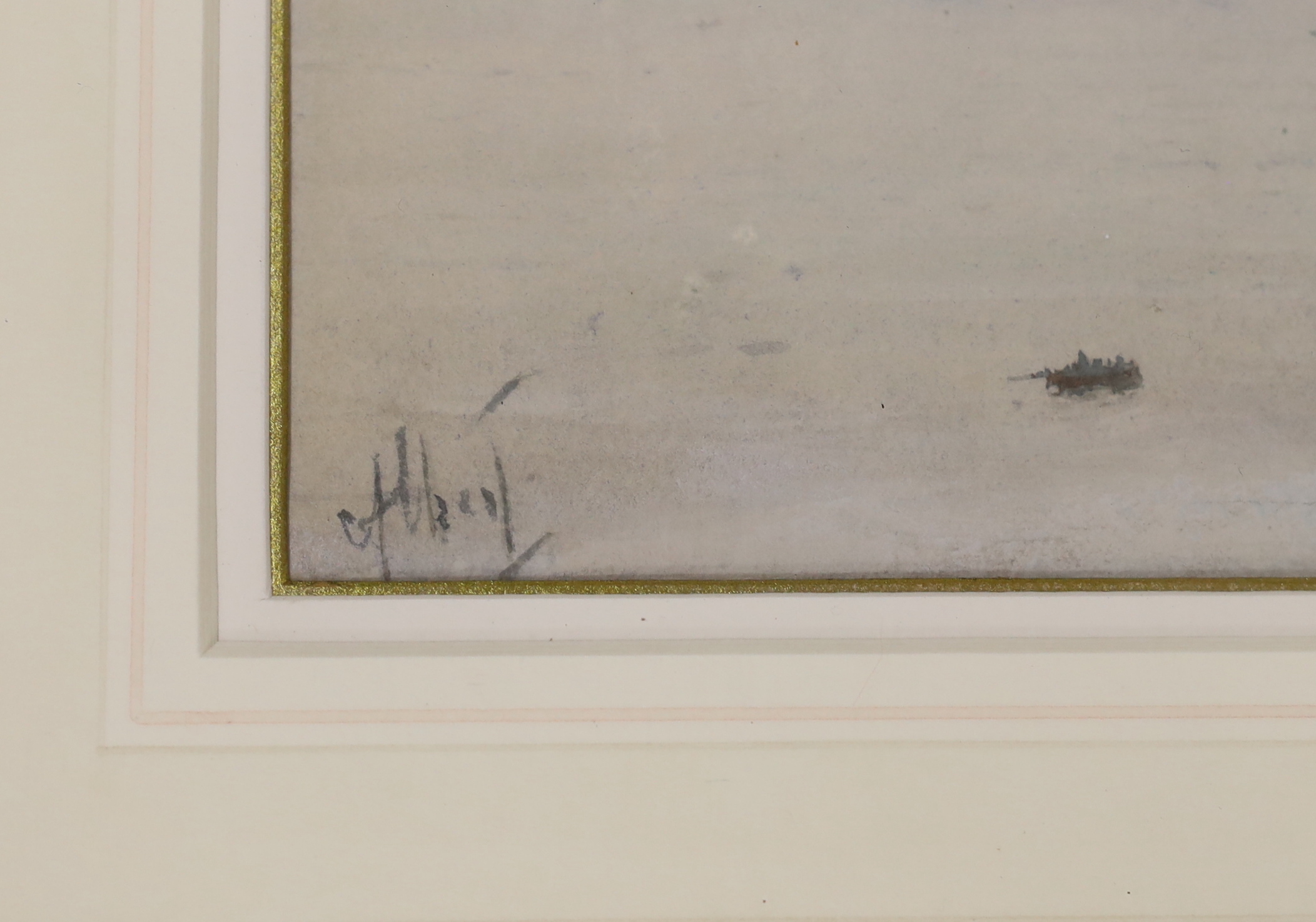 Albert Ernest Markes (1865-1901) watercolour, 'View of Brighton beach with boats', signed, 34 x 16cm